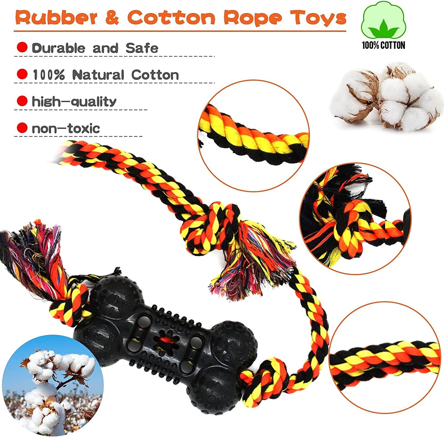 COOPET Rope Dog Chew Toys 6 Pack, Cotton Rope Rubber Dog Toys, Indestructible, Puppy Teething Toy